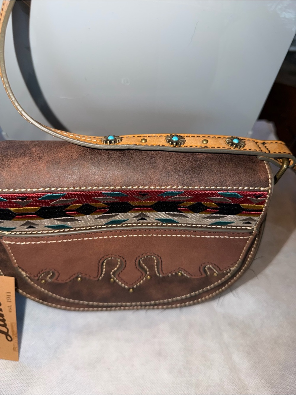 Tony Lama Brown Leather Crossbody with Multicolor Aztec Accent - Picture 2 of 8